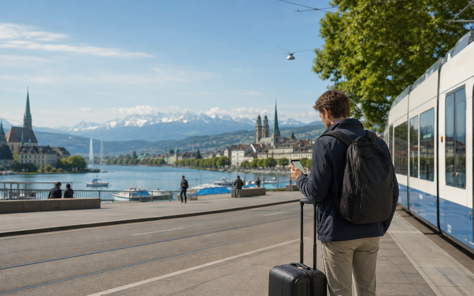 Custom editorial artwork for a traveler planning the zurich airport to city route, without text or logos.